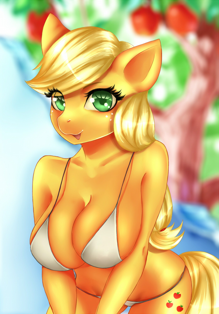 2018 :3 anthro apple apple_tree applejack_(mlp) bent_over big_breasts bikini blep blonde_hair blurred_background bra breasts cleavage clothed clothing cute cutie_mark earth_pony equine eyebrows eyelashes female food freckles friendship_is_magic fruit green_eyes hair horse looking_at_viewer makeup mammal mascara my_little_pony outside panties pinktooth pony portrait solo swimsuit three-quarter_portrait tongue tongue_out tree underwear