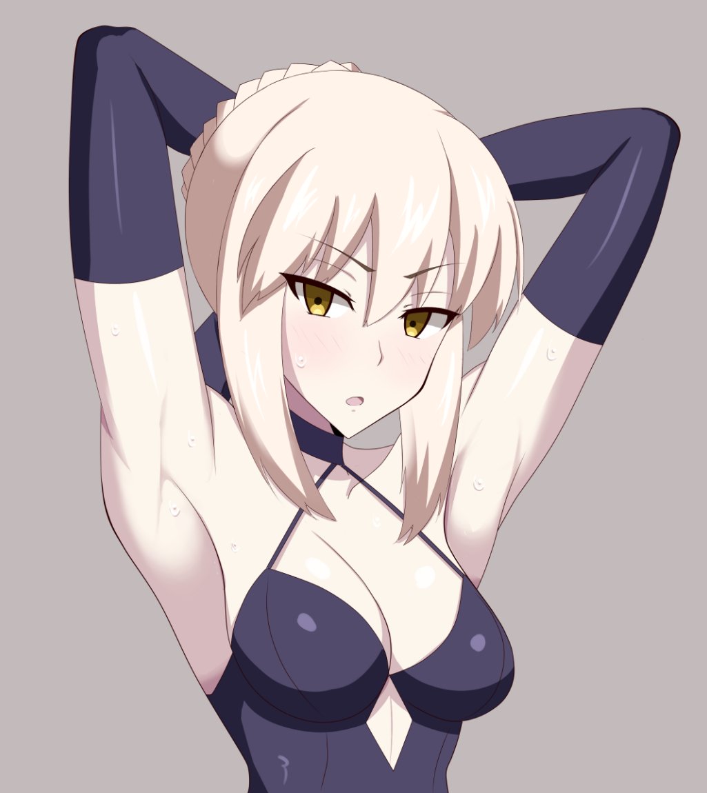 :o armpits arms_up artoria_pendragon_(all) bangs black_dress black_gloves blonde_hair blush breasts breath brown_background collarbone dress elbow_gloves eyebrows_visible_through_hair fate/stay_night fate_(series) gloves hair_between_eyes halter_dress looking_at_viewer medium_breasts open_mouth saber_alter sidelocks simple_background solo sweat taka_(georg_xiii) tied_hair tsurime upper_body v-shaped_eyebrows yellow_eyes