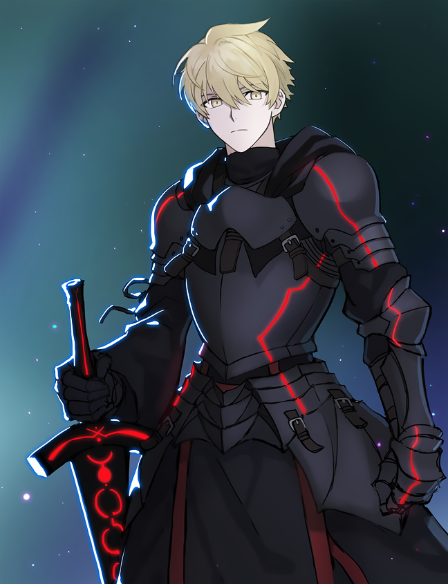 armor armored_dress arthur_pendragon_(fate) artoria_pendragon_(all) black_armor black_dress blonde_hair cocoroeng dark_excalibur dress eyebrows_visible_through_hair fate/prototype fate/stay_night fate_(series) gauntlets hair_between_eyes holding holding_sword holding_weapon looking_at_viewer male_focus md5_mismatch saber_alter solo standing sword weapon yellow_eyes