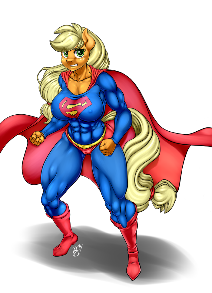 2018 abs anthro anthrofied applejack_(mlp) blonde_hair breasts cape clothed clothing costume digital_media_(artwork) earth_pony equine eyelashes female freckles friendship_is_magic green_eyes hair horse long_hair looking_at_viewer mammal muscular muscular_female my_little_pony nipple_bulge pia-sama pony simple_background solo superman white_background