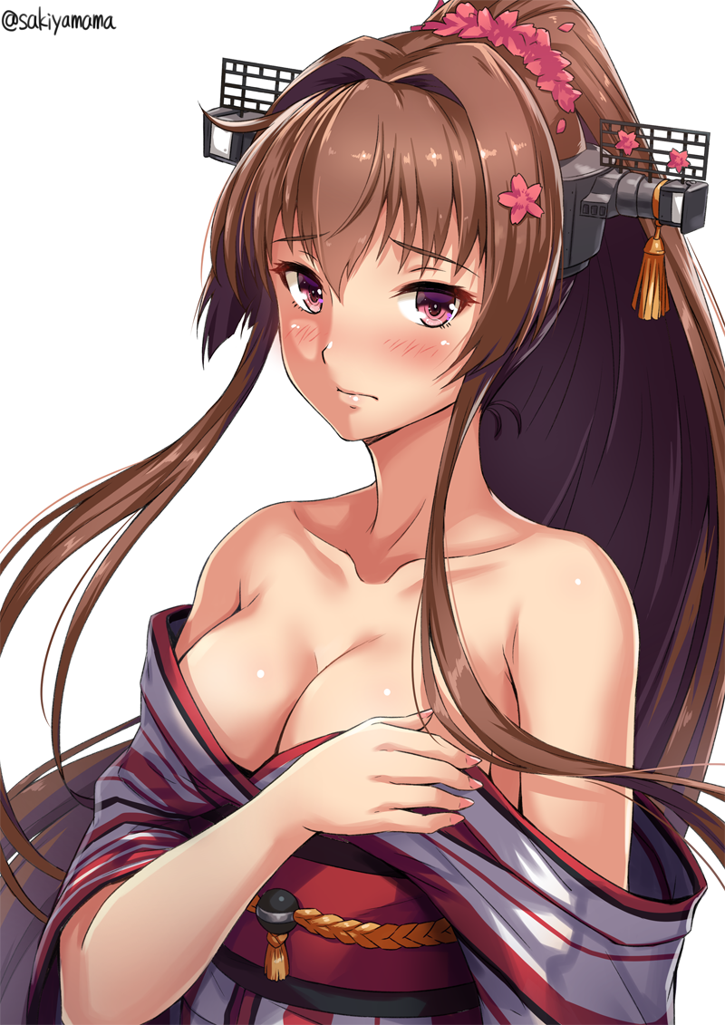 alternate_costume bare_shoulders blush breasts brown_hair closed_mouth collarbone commentary_request covering covering_breasts embarrassed eyebrows eyebrows_visible_through_hair fingernails hair_between_eyes hair_intakes hand_on_own_chest headgear japanese_clothes kantai_collection kimono large_breasts long_hair looking_at_viewer nail_polish obi open_clothes open_kimono petals pink_eyes pink_nails ponytail red_kimono red_nails sakiyamama sash shiny shiny_skin simple_background solo striped striped_kimono twitter_username very_long_hair white_background wide_sleeves yamato_(kantai_collection) yukata