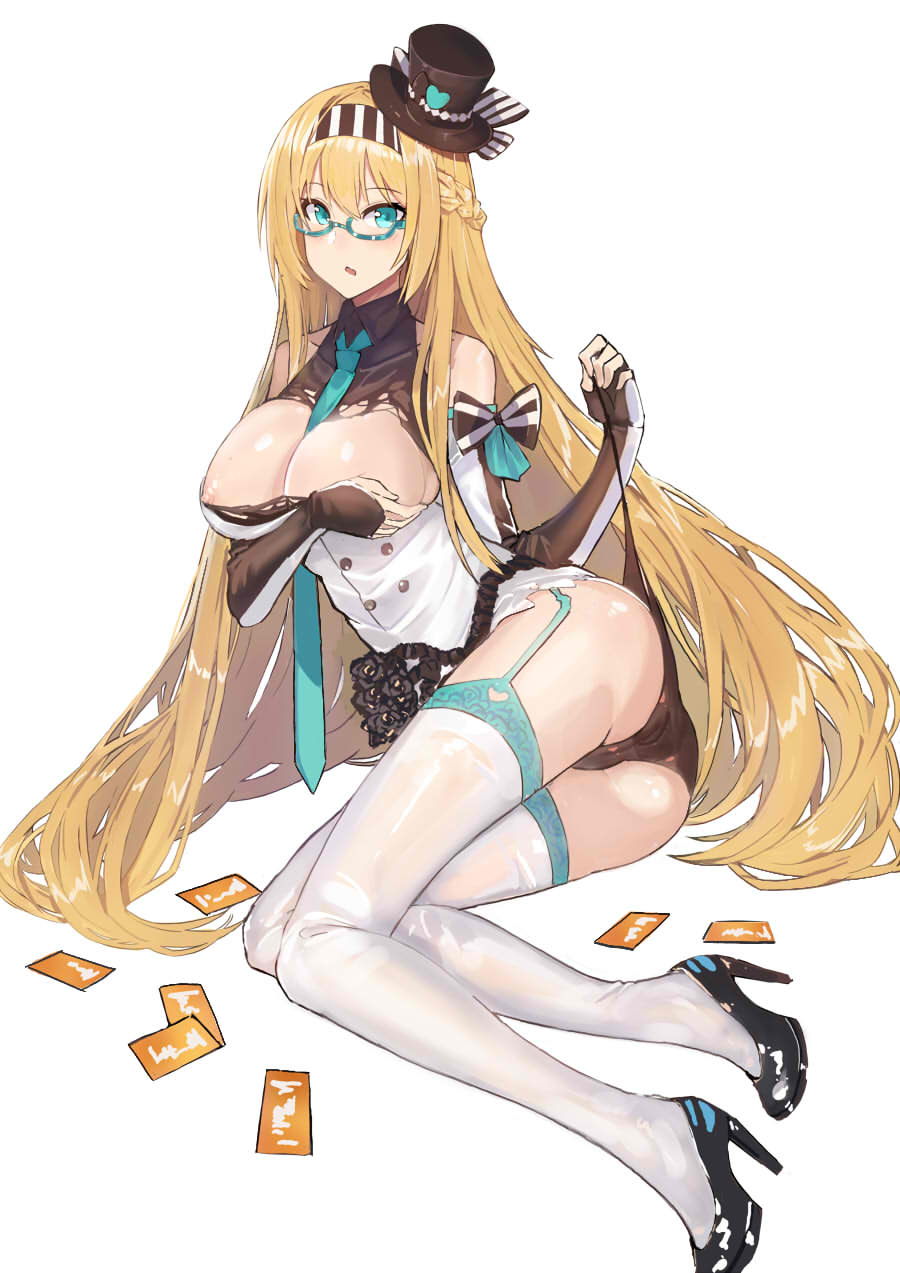 aqua_eyes ass bangs bare_shoulders blonde_hair braid breast_hold breasts brown_panties card cleavage cleavage_cutout commentary echj elbow_gloves eyebrows_visible_through_hair fingerless_gloves garter_straps glasses gloves hairband hat high_heels highres iron_saga jpeg_artifacts kelly_(iron_saga) large_breasts long_hair looking_at_viewer necktie no_pants panties side-tie_panties side_braid sidelocks solo strap_pull underwear white_background white_legwear