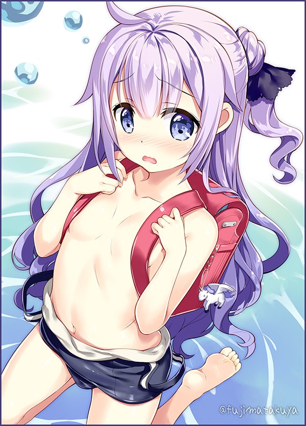 afloat ahoge alternate_costume azur_lane backpack bag blush collarbone commentary_request convenient_censoring flat_chest from_above fujima_takuya hair_bun long_hair looking_at_viewer looking_up navel ocean one_side_up open_mouth purple_eyes purple_hair randoseru school_swimsuit side_bun sitting solo swimsuit topless unicorn_(azur_lane) wariza