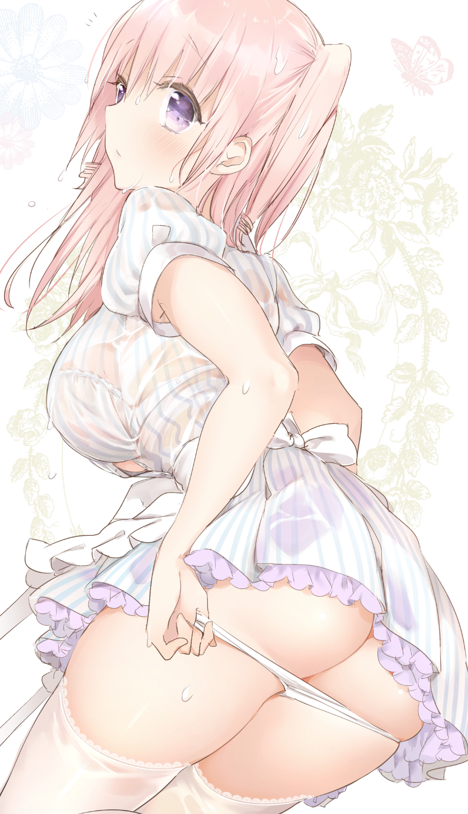 armpit_peek ass blush bow bra breasts closed_mouth commentary_request dress dripping frilled_dress frills from_behind highres lace lace-trimmed_thighhighs large_breasts legs_together lonely long_hair looking_back panties panty_pull pink_hair puffy_short_sleeves puffy_sleeves pulled_by_self purple_eyes revision see-through short_sleeves sino_(sionori) solo striped striped_dress succubus-san_no_hatsu_shigoto thighhighs two_side_up underwear vertical_stripes wet white_bow white_bra white_dress white_legwear