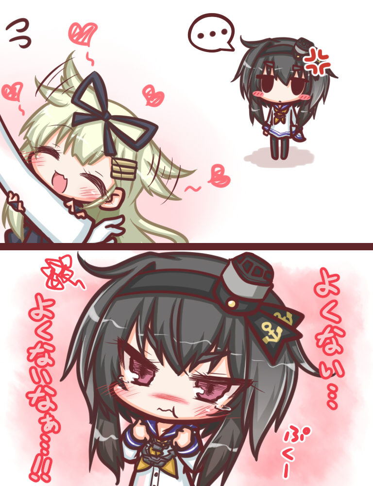 2girls 2koma :t ^_^ admiral_(kantai_collection) anchor anchor_symbol anger_vein black_hair black_hairband black_legwear black_ribbon black_skirt blonde_hair blush blush_stickers chibi closed_eyes closed_mouth comic commentary_request expressive_hair fang flying_sweatdrops gloves gradient_hair grey_hair hair_flaps hair_ribbon hairband hat heart kantai_collection komakoma_(magicaltale) long_sleeves mini_hat multicolored_hair multiple_girls neckerchief out_of_frame pantyhose pleated_skirt pout purple_eyes remodel_(kantai_collection) ribbon sailor_collar sailor_shirt shirt short_hair_with_long_locks skirt smokestack spoken_ellipsis standing tearing_up tied_shirt tokitsukaze_(kantai_collection) translated wavy_mouth white_gloves white_shirt yellow_neckwear yuudachi_(kantai_collection)