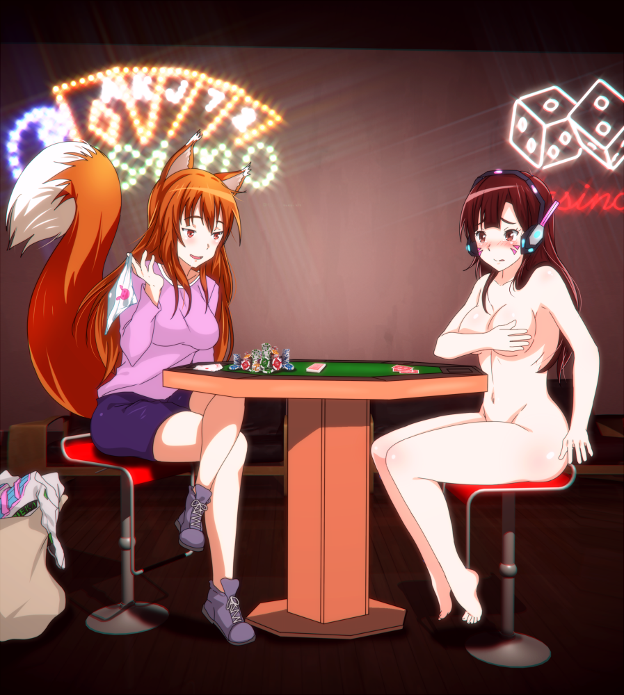 3d animal_ears bag bar blush bodysuit brown_eyes brown_hair card covering covering_breasts crossover d.va_(overwatch) embarrassed facepaint fox_ears fox_tail front-print_panties holo multiple_girls nude orange_hair overwatch panties panties_around_one_finger playing_card poker_chip print_panties red_eyes sbel02 seat shoes shorts sneakers spice_and_wolf strip_game strip_poker table tail underwear white_panties