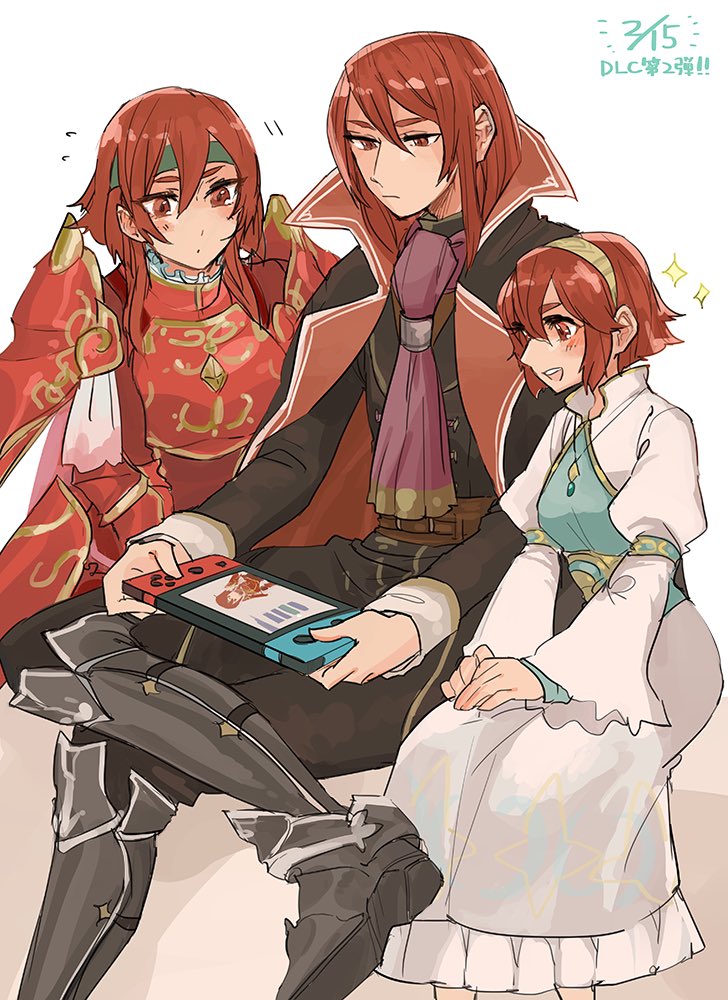 armor blush boots dress fire_emblem fire_emblem:_monshou_no_nazo fire_emblem_musou gloves hairband headband long_hair maria_(fire_emblem) minerva_(fire_emblem) misheil_(fire_emblem) multiple_girls nintendo_switch open_mouth red_eyes red_hair short_hair siblings sisters smile tnmrdgr white_background