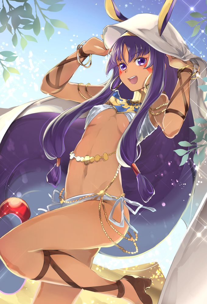 :d adjusting_hair animal_ears annojou_haruto breasts commentary_request dark_skin fate/grand_order fate_(series) long_hair looking_at_viewer navel nitocris_(fate/grand_order) open_mouth purple_eyes purple_hair small_breasts smile solo underboob