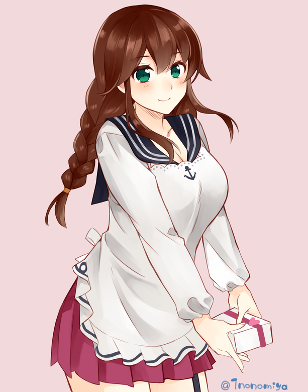 adapted_costume anchor_print apron blush braid breasts brown_hair cleavage collarbone gift green_eyes hands_together holding holding_gift ichinomiya_(blantte) kantai_collection large_breasts long_hair long_sleeves looking_at_viewer noshiro_(kantai_collection) pink_background red_skirt sailor_collar sidelocks simple_background skirt smile solo twin_braids upper_body valentine