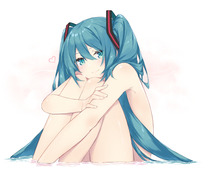 aqua_eyes aqua_hair bangs bathing closed_mouth eyebrows_visible_through_hair fhang gradient gradient_background hand_on_own_arm hatsune_miku heart knees_to_chest knees_up leg_hug legs_together long_hair looking_at_viewer nude partially_submerged pink_background shiny shiny_hair shiny_skin smile solo twintails very_long_hair vocaloid water