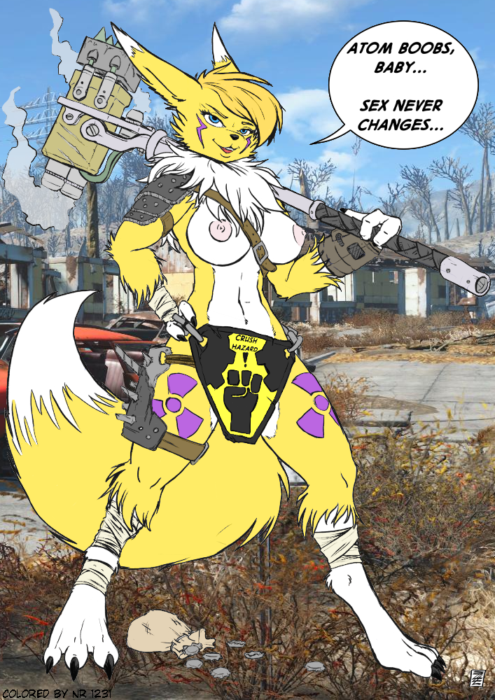 breasts canine chest_tuft colored detailed_background digimon digitigrade fallout female fur hair hammer looking_at_viewer mammal renamon s-nina sign solo tools tuft video_games weapon white_fur yellow_fur