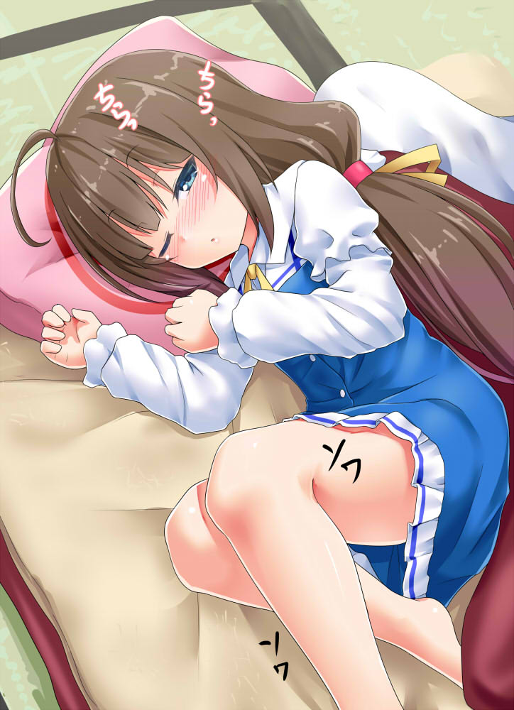:o ahoge bangs barefoot blue_dress blue_eyes blush brown_hair commentary_request dress eyebrows_visible_through_hair half-closed_eye hinatsuru_ai indoors long_hair long_sleeves low_twintails lying nose_blush on_side one_eye_closed parted_lips pillow puffy_short_sleeves puffy_sleeves ryuuou_no_oshigoto! school_uniform short_over_long_sleeves short_sleeves solo twintails umarutsufuri very_long_hair