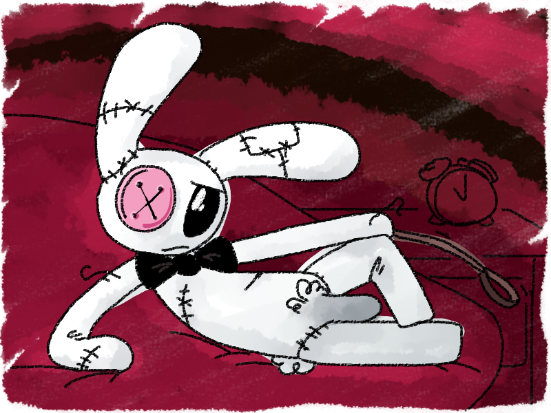 alarm_clock anthro black_eyes border bow_tie button_(fastener) clock full-length_portrait fur grey_penis hand_on_knee lagomorph living_plush long_ears looking_at_viewer lying male mammal mostly_nude mr._bun-bun noseless on_side penis portrait pubes rabbit solo the_weaver toybox_pals white_border white_fur white_tail
