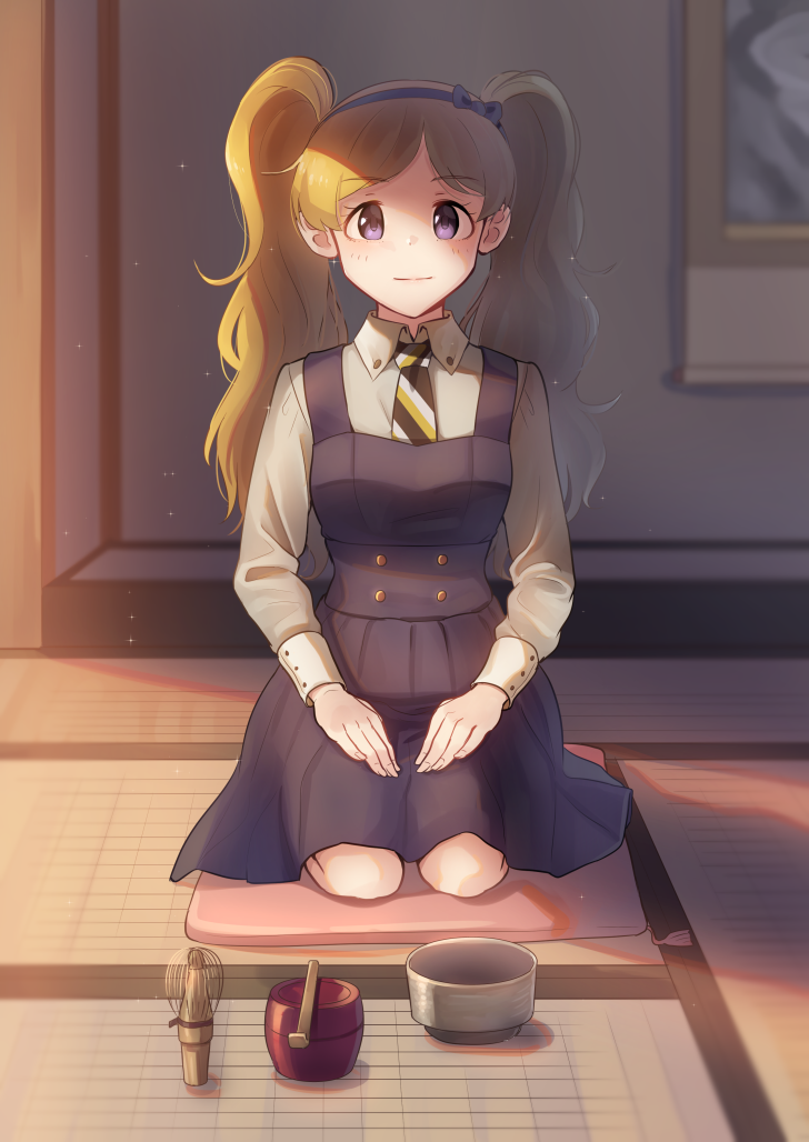 black_bow black_skirt blonde_hair blush bow closed_mouth dress emily_stewart eyebrows_visible_through_hair full_body hairband idolmaster idolmaster_million_live! kamille_(vcx68) long_hair long_sleeves looking_at_viewer necktie pinafore_dress purple_eyes seiza sitting skirt smile solo striped striped_neckwear tatami tea_ceremony twintails