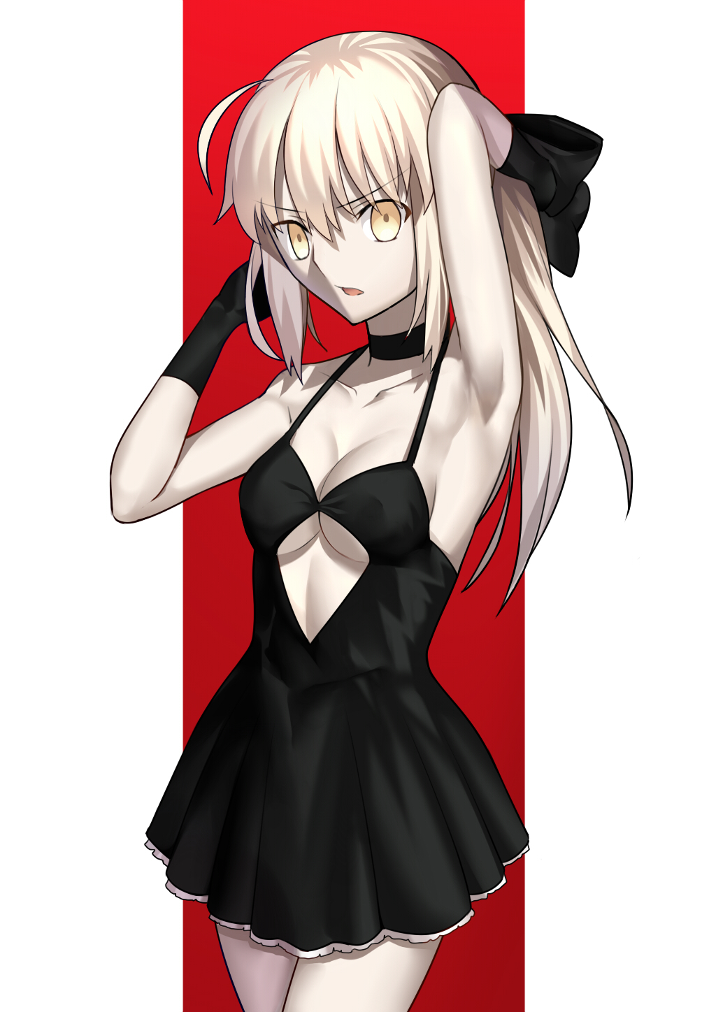 ahoge argyle_cutout arm_up armpits artoria_pendragon_(all) besmiled black_dress black_gloves blonde_hair breasts cleavage collarbone covered_nipples cowboy_shot dress eyebrows_visible_through_hair fate/stay_night fate_(series) floating_hair gloves hair_between_eyes hands_in_hair highres long_hair medium_breasts open_mouth saber_alter short_dress sideboob simple_background sleeveless sleeveless_dress solo underboob very_long_hair white_background yellow_eyes