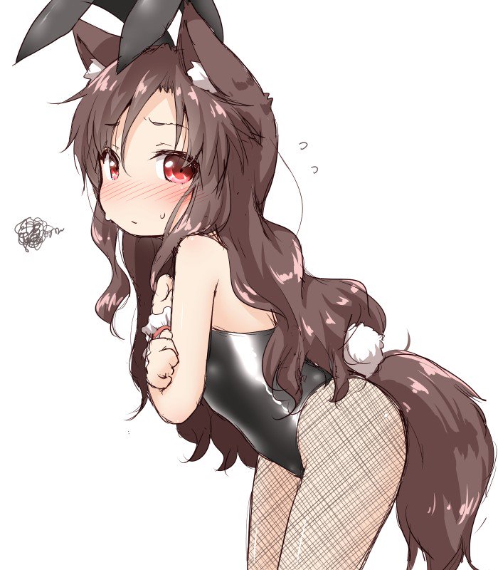 animal_ears bare_shoulders black_legwear black_leotard blush brown_hair bunny_ears bunny_tail bunnysuit covering covering_breasts crossed_arms embarrassed fake_animal_ears fishnet_pantyhose fishnets from_side imaizumi_kagerou leaning_forward leotard long_hair natsu_no_koucha pantyhose red_eyes simple_background solo strapless strapless_leotard tail touhou white_background wolf_ears wolf_tail