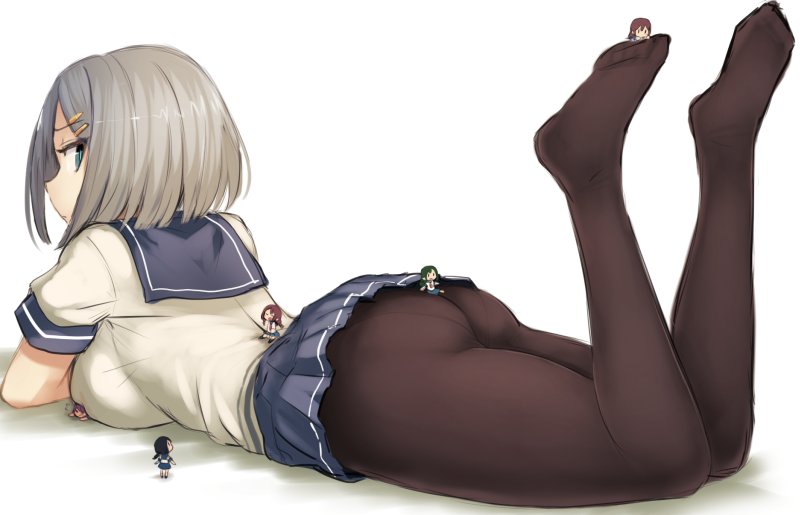 ass black_legwear blue_eyes breasts crossed_arms fairy_(kantai_collection) feet_up green_hair hair_ornament hairclip hamakaze_(kantai_collection) kantai_collection large_breasts looking_back lying minigirl multiple_girls no_shoes on_stomach panties panties_under_pantyhose pantyhose plantar_flexion purple_hair school_uniform serafuku short_hair short_sleeves silver_hair simple_background size_difference solo_focus underwear utopia white_background