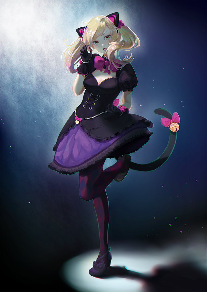 :o alternate_costume animal_ears argyle argyle_legwear artist_name bangs beads bell black_cat_d.va black_dress black_gloves blonde_hair blush bow breasts cat_ears cleavage commentary corset d.va_(overwatch) dress fang full_body gloves hand_up heart high_heels jewelry jingle_bell konoumin leg_up light_particles lolita_fashion looking_at_viewer medium_breasts open_mouth overwatch pantyhose pink_bow puffy_short_sleeves puffy_sleeves purple_skirt shadow short_sleeves skirt solo spotlight standing tail tail_bell twintails yellow_eyes
