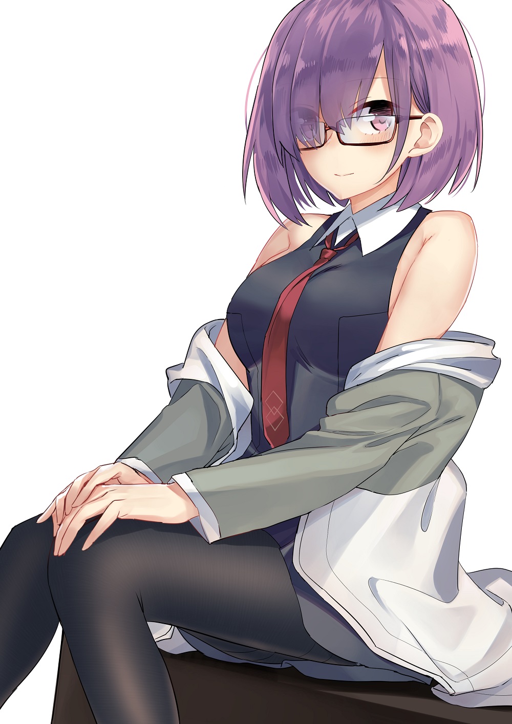 bare_shoulders black_dress black_legwear blush breasts brown-framed_eyewear closed_mouth collared_dress commentary dress eyes_visible_through_hair fate/grand_order fate_(series) glasses hair_over_one_eye hands_on_own_knees highres jacket jun_project knees_together_feet_apart long_sleeves looking_at_viewer mash_kyrielight medium_breasts necktie off_shoulder own_hands_together pantyhose purple_eyes purple_hair red_neckwear semi-rimless_eyewear simple_background sitting sleeveless sleeveless_dress smile solo thighband_pantyhose under-rim_eyewear white_background