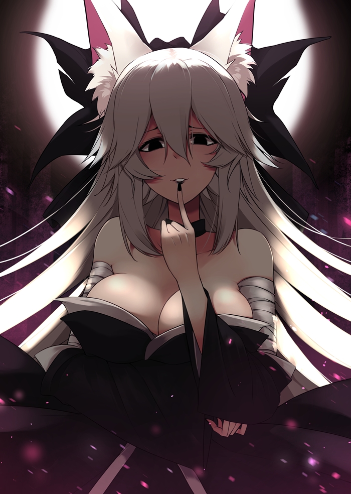 alternate_color alternate_hair_color alternate_hair_length alternate_hairstyle angry_num animal_ears bandaged_arm bandages bare_shoulders black_eyes black_ribbon breasts cleavage collarbone dark_persona detached_sleeves fate/extra fate/grand_order fate_(series) finger_to_mouth fox_ears hair_between_eyes hair_ribbon japanese_clothes large_breasts long_hair looking_at_viewer ribbon solo tamamo_(fate)_(all) tamamo_no_mae_(fate) very_long_hair white_hair