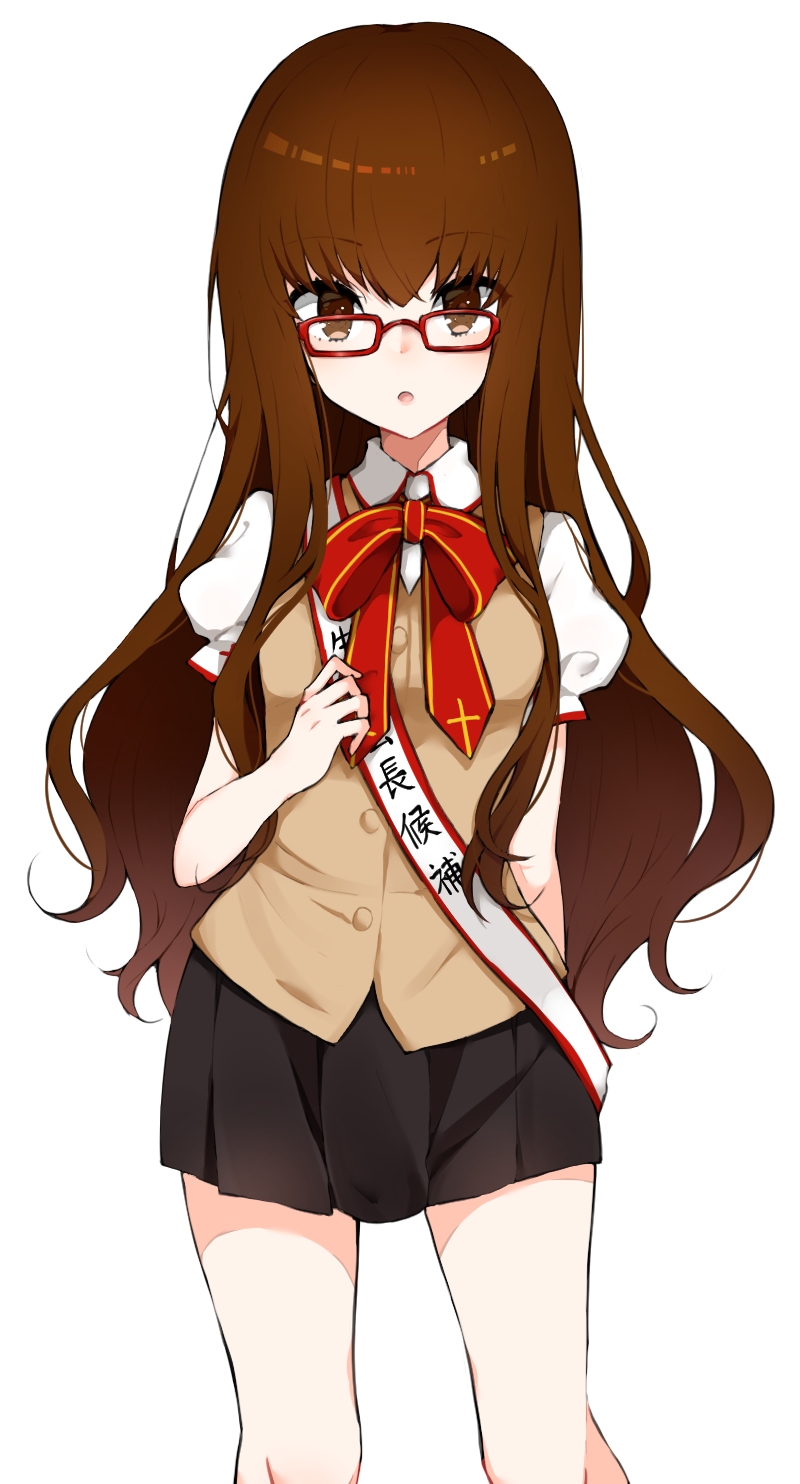 :o bangs black_skirt bow brown_eyes brown_hair eyebrows_visible_through_hair fate/extra fate/extra_ccc fate_(series) glasses highres kishinami_hakuno_(female) long_hair looking_at_viewer miniskirt pleated_skirt puffy_short_sleeves puffy_sleeves red-framed_eyewear red_bow school_uniform short_sleeves skirt solo takae_(poupee_en_biscuit) very_long_hair vest white_background