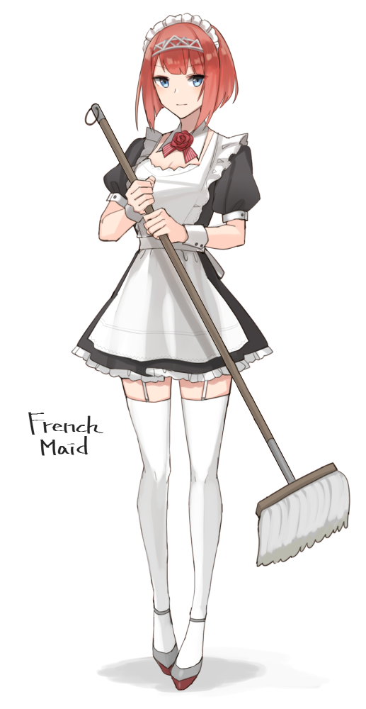 alternate_costume apron ark_royal_(kantai_collection) bangs black_dress blue_eyes blunt_bangs bob_cut commentary_request dress english enmaided flower frilled_apron frills full_body garter_straps hairband kantai_collection looking_at_viewer maid maid_headdress mop red_flower red_hair red_ribbon red_rose ribbon rose short_dress short_hair simple_background solo standing thighhighs tiara white_apron white_background yamashiki_(orca_buteo) zettai_ryouiki