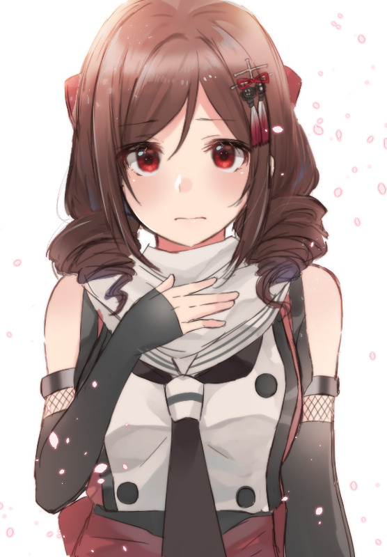 3: black_gloves bow brown_hair cherry_blossoms closed_mouth commentary_request cosplay drill_hair elbow_gloves eyelashes falling_petals fingerless_gloves gloves hair_bow hair_ornament hand_on_own_chest harukaze_(kantai_collection) kantai_collection long_hair neckerchief red_bow red_eyes remodel_(kantai_collection) rinto_(rint_rnt) sendai_(kantai_collection) sendai_(kantai_collection)_(cosplay) solo tassel upper_body