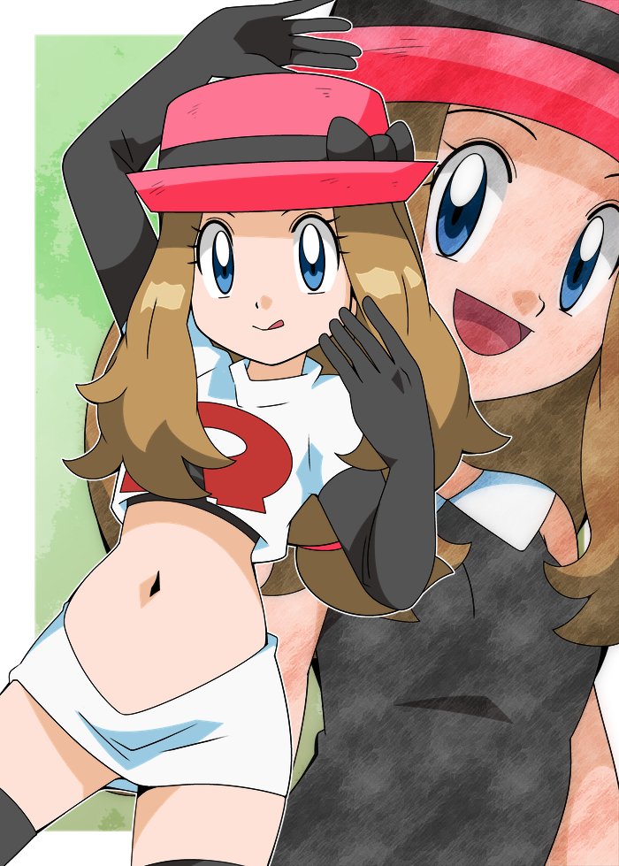 arm_up black_gloves elbow_gloves hainchu miniskirt pokemon pokemon_(anime) pokemon_xy_(anime) serena_(pokemon) team_rocket team_rocket_(cosplay) tounge_out