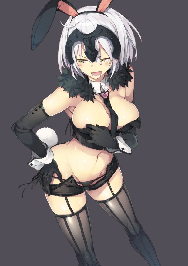 alternate_costume animal_ears black_legwear blush breasts bunny_ears butt_crack cleavage commentary_request detached_collar dutch_angle elbow_gloves fate/grand_order fate_(series) garter_belt gloves grey_background grey_hair hand_on_hip headpiece jeanne_d'arc_(alter)_(fate) jeanne_d'arc_(fate)_(all) large_breasts necktie panties side-tie_panties solo thighhighs underwear wrist_cuffs yellow_eyes yuguru