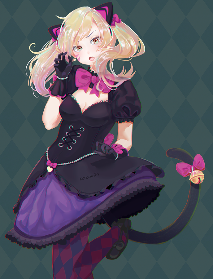 :o alternate_costume animal_ears argyle argyle_legwear artist_name bangs beads bell black_cat_d.va black_dress black_gloves blonde_hair blush bow breasts cat_ears checkered checkered_background cleavage corset d.va_(overwatch) dress fang full_body gloves green_background hand_up heart high_heels jewelry jingle_bell konoumin leg_up lolita_fashion looking_at_viewer medium_breasts open_mouth overwatch pantyhose pink_bow puffy_short_sleeves puffy_sleeves purple_skirt short_sleeves skirt solo standing tail tail_bell twintails yellow_eyes