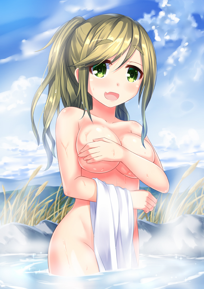 :d bangs blonde_hair blush body_blush breasts cloud convenient_censoring covering covering_breasts day fang green_eyes holding holding_towel inuyama_aoi kmcgold30 large_breasts long_hair looking_at_viewer nude onsen open_mouth outdoors side_ponytail sky smile solo steam swept_bangs thick_eyebrows towel wading white_towel yurucamp