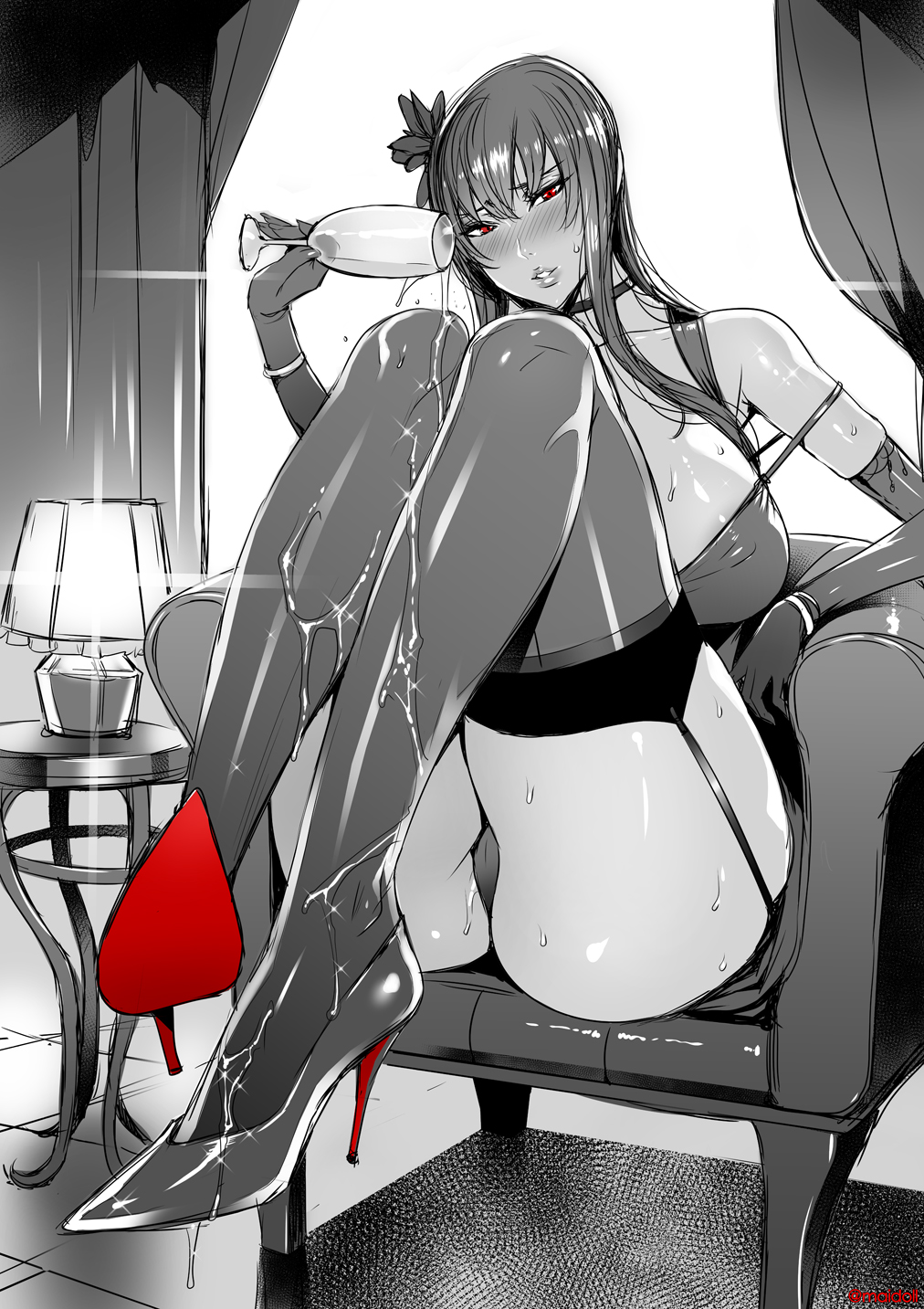 areola_slip areolae armchair artist_name blush breasts busujima_saeko chair commentary_request cup dress drinking_glass elbow_gloves fei_(maidoll) flower full_body garter_straps gloves hair_flower hair_ornament high_heels highres highschool_of_the_dead large_breasts legs long_hair looking_at_viewer monochrome pouring red_eyes sitting solo sparkle spot_color strap_slip sweat thighhighs wine_glass