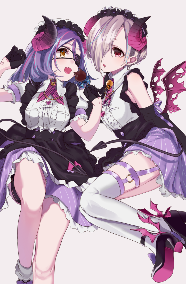 arm_behind_back armlet bangs black_footwear black_gloves blouse breasts candy elbow_gloves eyepatch food frilled_hairband frills garter_straps garters gloves hair_between_eyes hair_over_one_eye hairband hayasaka_mirei holding horns idolmaster idolmaster_cinderella_girls lollipop long_hair looking_at_another misumi_(macaroni) multicolored_hair multiple_girls neck_ribbon one_eye_closed open_mouth platform_footwear pleated_sleeves purple_eyes purple_hair purple_skirt ribbon shirasaka_koume short_hair short_sleeves skirt sleeveless small_breasts standing streaked_hair tail thighhighs torn_wings w_arms white_blouse white_hair white_legwear wings yellow_eyes zettai_ryouiki