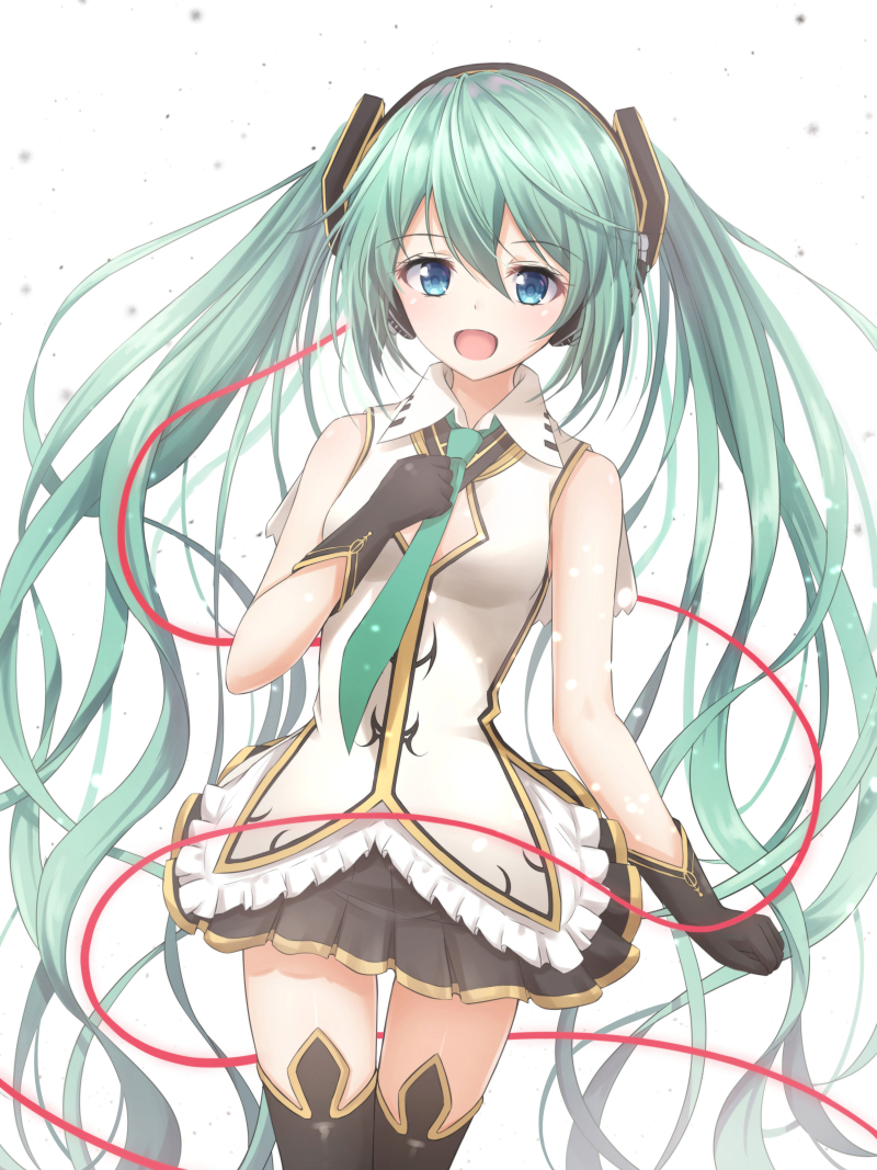 :d akira_(been0328) bangs black_gloves black_legwear black_skirt blue_eyes blush breasts collared_shirt commentary_request dutch_angle eyebrows_visible_through_hair gloves green_hair green_neckwear hair_between_eyes hair_ornament hand_on_own_chest hatsune_miku long_hair looking_at_viewer medium_breasts necktie open_mouth pleated_skirt shirt skirt sleeveless sleeveless_shirt smile solo thighhighs twintails very_long_hair vocaloid white_background white_shirt