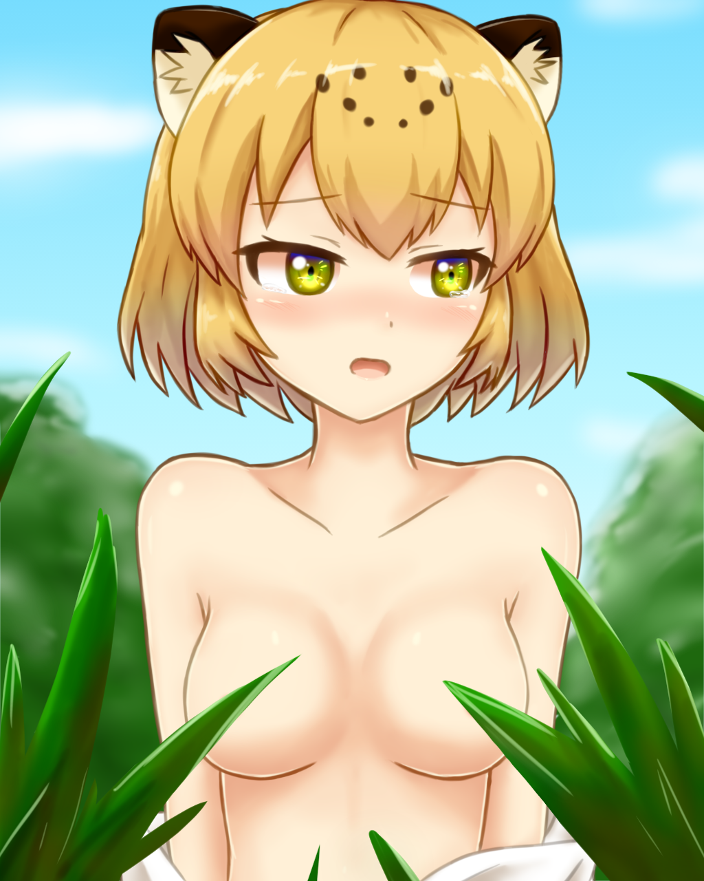 animal_ears bad_id bad_pixiv_id blonde_hair breasts commentary_request convenient_censoring day highres jaguar_(kemono_friends) jaguar_ears kemono_friends medium_breasts nude open_mouth outdoors shiraha_maru short_hair sky yellow_eyes