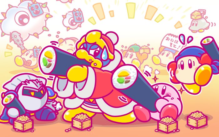 backwards_hat bandana bandana_waddle_dee baseball_cap beanie bird blue_hat bow bowtie cloud club co-kracko commentary_request eating ehoumaki flying_sweatdrops food food_on_face green_hat hat headphones jitome king_dedede kirby kirby_(series) kracko looking_at_another makizushi mask masu meta_knight multiple_boys no_humans notepad official_art oni_mask red_neckwear robe running setsubun sitting spark sparkle spiked_club sushi sweatdrop throwing ufo ufo_(kirby) waddle_dee weapon