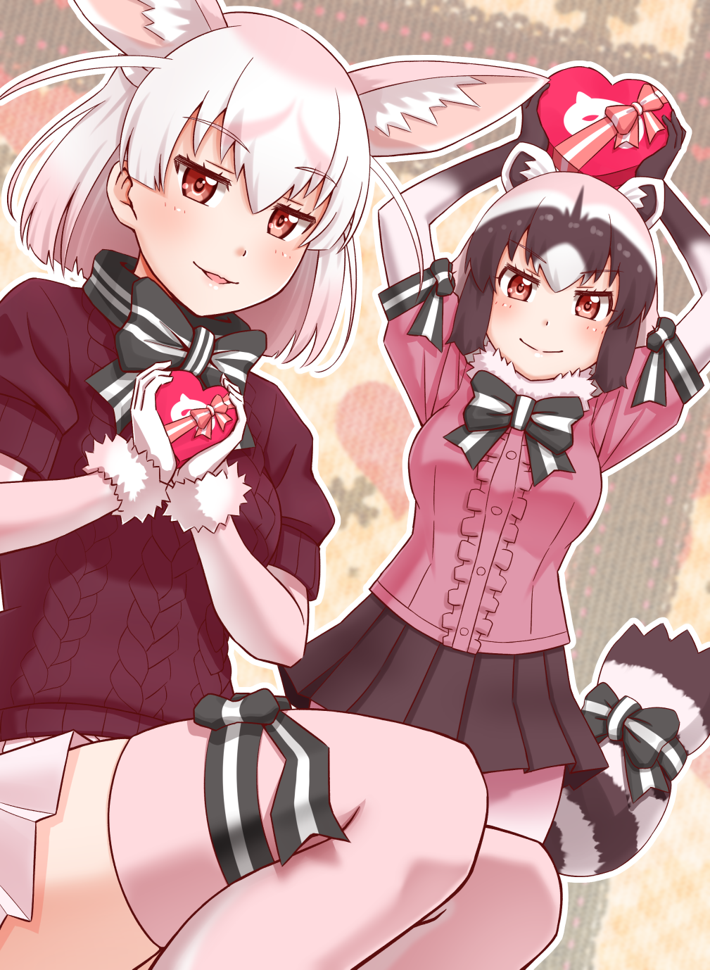 adapted_costume animal_ears aran_sweater arm_strap arms_up blush bow bowtie box commentary_request common_raccoon_(kemono_friends) extra_ears eyebrows_visible_through_hair fennec_(kemono_friends) fox_ears fur_collar fur_trim gift gift_box gloves heart heart-shaped_box heart-shaped_pupils highres holding japari_symbol kemono_friends looking_at_viewer miniskirt multiple_girls partial_commentary pleated_skirt raccoon_ears raccoon_tail short_sleeve_sweater short_sleeves skirt smile sweater symbol-shaped_pupils tail tail_bow takatsuki_nao thigh_strap thighhighs