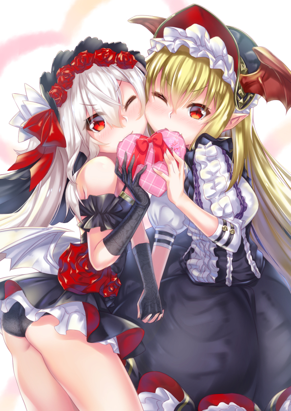 ass azur_lane bangs bat_wings black_dress black_gloves black_hat black_panties blush box closed_mouth commentary_request crossover dress elbow_gloves eyebrows_visible_through_hair fang fingernails flower gift gift_box gloves granblue_fantasy hair_between_eyes hair_flower hair_ornament hat head_wings heart heart-shaped_box holding holding_gift holding_hands interlocked_fingers ken_ill kugimiya_rie long_hair looking_at_viewer mouth_hold multiple_girls nose_blush one_eye_closed panties pointy_ears puffy_short_sleeves puffy_sleeves red_eyes red_flower red_rose red_wings rose seiyuu_connection short_sleeves silver_hair underwear v-shaped_eyebrows valentine vampire_(azur_lane) vampy very_long_hair wings