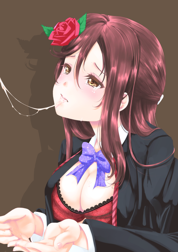 after_fellatio blue_jacket blush bow bowtie bra breasts brown_background cleavage closed_mouth crying crying_with_eyes_open cum cum_string facial flower frapowa hair_between_eyes hair_flower hair_ornament jacket lace lace-trimmed_bra leaf long_hair long_sleeves love_live! love_live!_sunshine!! medium_breasts nail_polish nose_blush open_clothes open_jacket pink_nails purple_bow purple_neckwear red_bra red_flower red_hair red_rose rose sakurauchi_riko simple_background solo sweat tears underwear upper_body