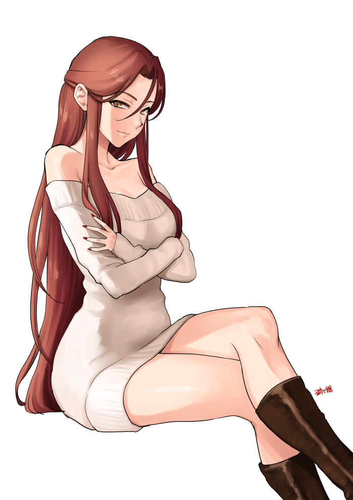 bare_shoulders boots breasts brown_eyes cleavage closed_mouth collarbone commentary_request crossed_arms crossed_legs dress hair_between_eyes idolmaster idolmaster_cinderella_girls lips long_hair looking_at_viewer medium_breasts nail_polish off-shoulder_sweater off_shoulder red_hair red_nails shoukaki_(earthean) simple_background sitting smile solo sweater sweater_dress very_long_hair white_background white_sweater zaizen_tokiko