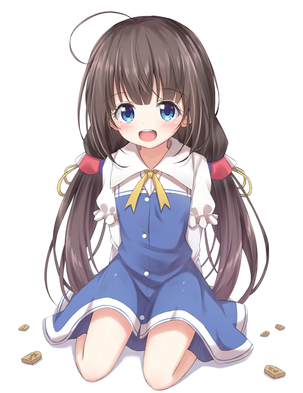 :d ahoge akira_(been0328) bangs blue_dress blue_eyes blush board_game brown_hair commentary_request dress eyebrows_visible_through_hair full_body highres hinatsuru_ai long_hair long_sleeves looking_at_viewer low_twintails open_mouth puffy_short_sleeves puffy_sleeves ryuuou_no_oshigoto! school_uniform short_over_long_sleeves short_sleeves shougi sitting smile solo twintails upper_teeth very_long_hair wariza white_background