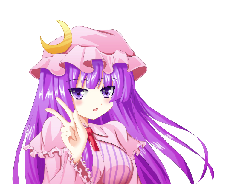 commentary_request crescent dress frilled_dress frilled_sleeves frills fujimoto_yuu hat long_hair long_sleeves looking_at_viewer mob_cap open_mouth patchouli_knowledge pink_dress pink_hat purple_eyes purple_hair red_ribbon ribbon solo striped striped_dress touhou upper_body v white_background