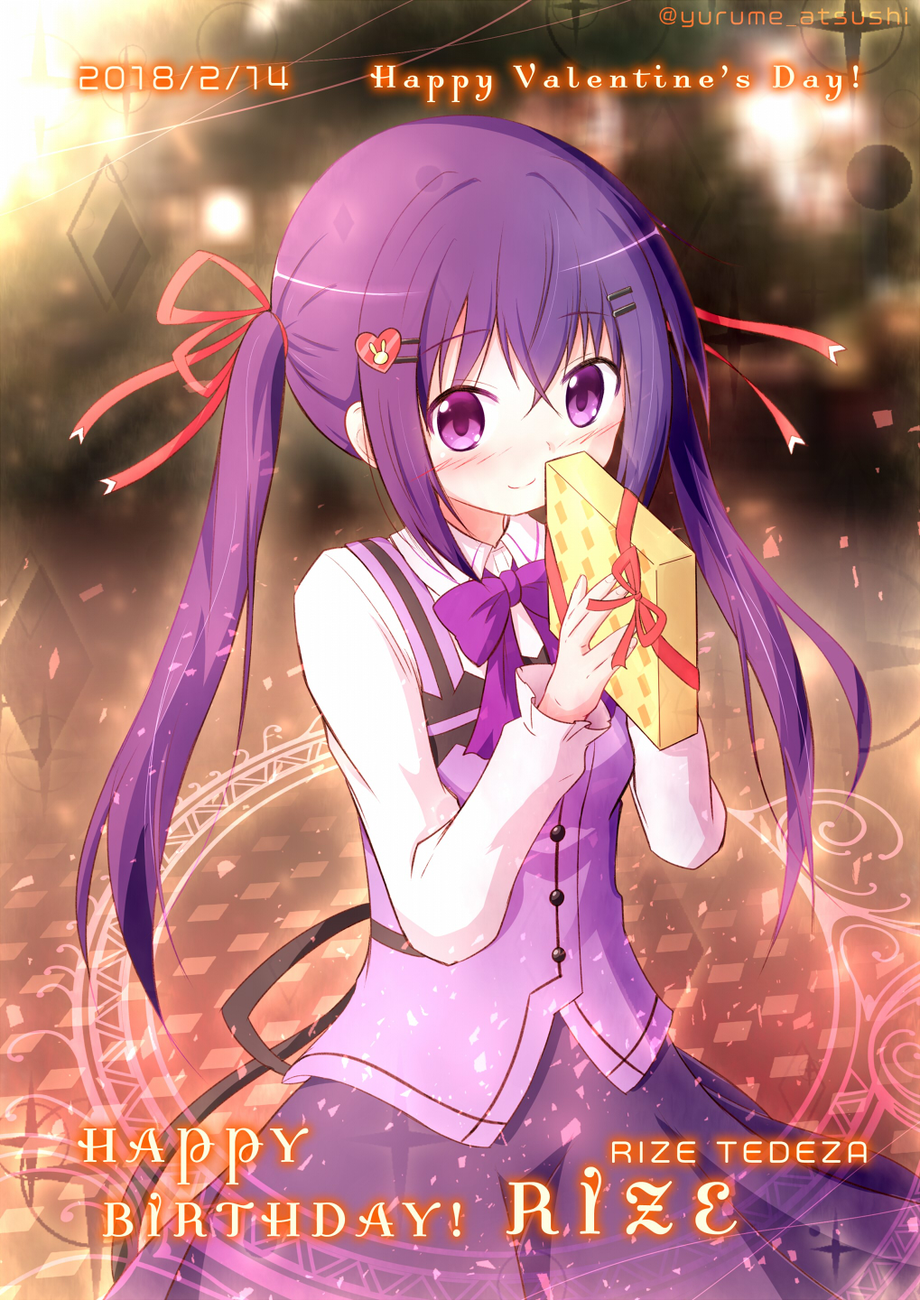 blush bow bowtie box character_name commentary_request dated gift gift_box gochuumon_wa_usagi_desu_ka? hair_bow hair_ornament hair_ribbon hairclip happy_birthday happy_valentine highres holding long_hair looking_at_viewer md5_mismatch purple_eyes purple_hair ribbon smile solo tedeza_rize twintails valentine yurume_atsushi