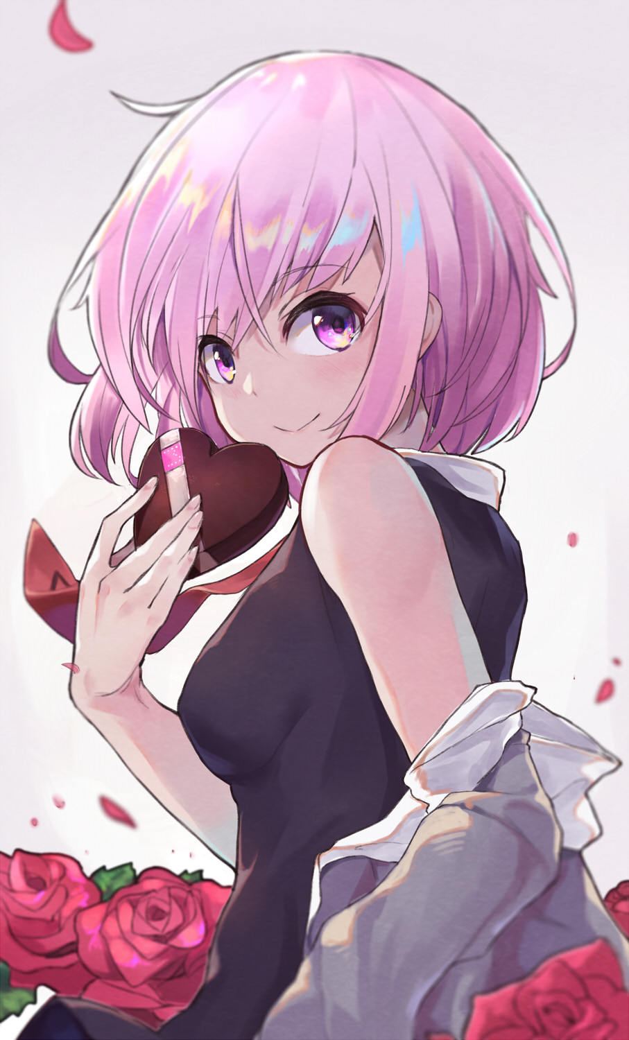 black_dress blurry blush breasts chocolate chocolate_heart closed_mouth commentary_request depth_of_field dress fate/grand_order fate_(series) flower food from_side grey_hoodie heart highres holding holding_food hood hood_down hoodie looking_at_viewer looking_to_the_side mash_kyrielight medium_breasts necktie pantie_painting petals pink_hair purple_eyes red_flower red_neckwear red_rose rose rose_petals sleeveless sleeveless_dress smile solo
