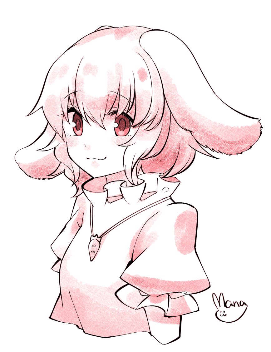 animal_ears bunny_ears carrot closed_mouth commentary eyebrows_visible_through_hair inaba_tewi jewelry mana_(tsurubeji) monochrome pendant pink puffy_short_sleeves puffy_sleeves shirt short_hair short_sleeves signature solo touhou upper_body wavy_mouth