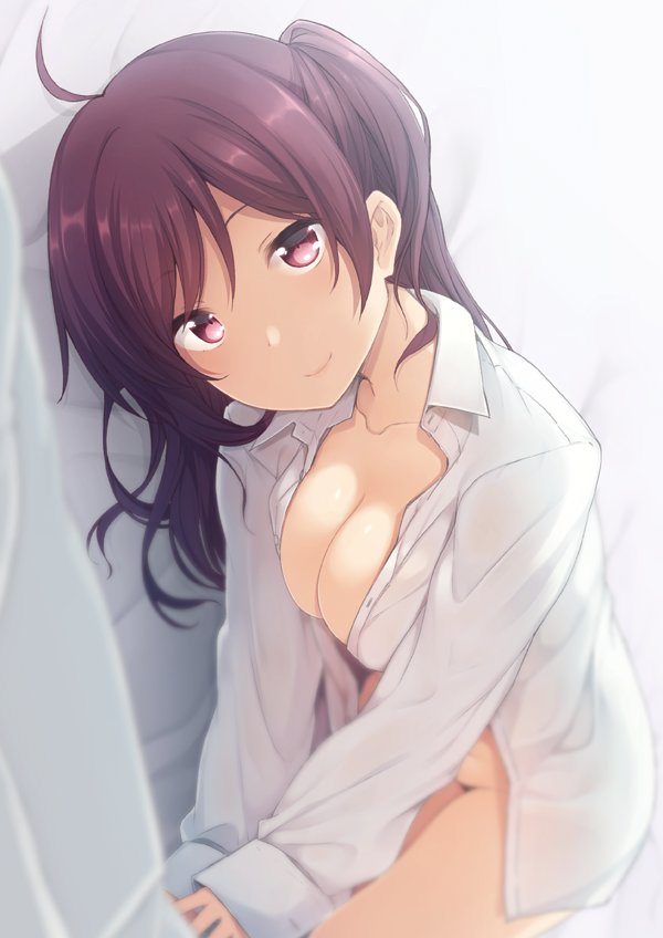 ahoge bangs breasts cleavage closed_mouth collarbone dress_shirt dutch_angle eyebrows_visible_through_hair hagikaze_(kantai_collection) hair_between_eyes head_tilt kantai_collection large_breasts long_hair looking_at_viewer lying nagami_yuu naked_shirt on_side open_clothes open_shirt purple_eyes purple_hair shirt sleeves_past_wrists smile solo white_shirt