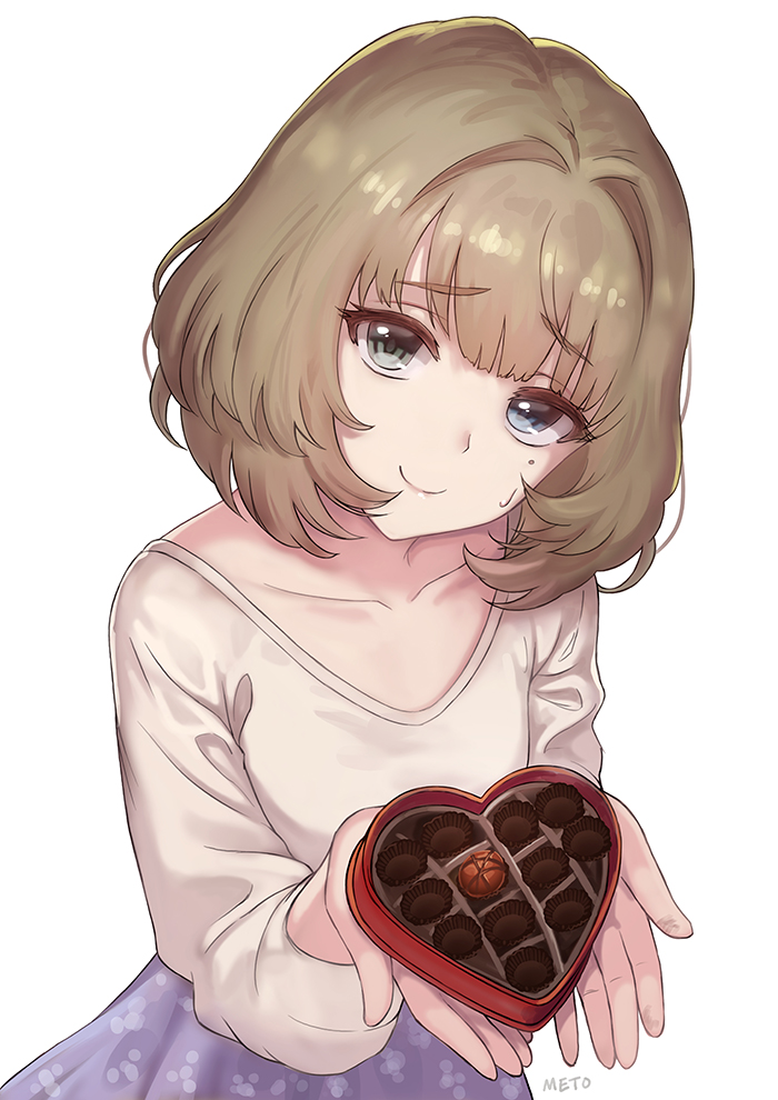 artist_name bangs blunt_bangs box box_of_chocolates chocolate closed_mouth collarbone commentary_request eyebrows_visible_through_hair eyelashes head_tilt heart-shaped_box heterochromia holding holding_box idolmaster idolmaster_cinderella_girls long_sleeves looking_at_viewer meto31 mole mole_under_eye partially_translated purple_skirt raised_eyebrows shiny shiny_hair shirt simple_background skirt smile solo takagaki_kaede translation_request upper_body white_background white_shirt