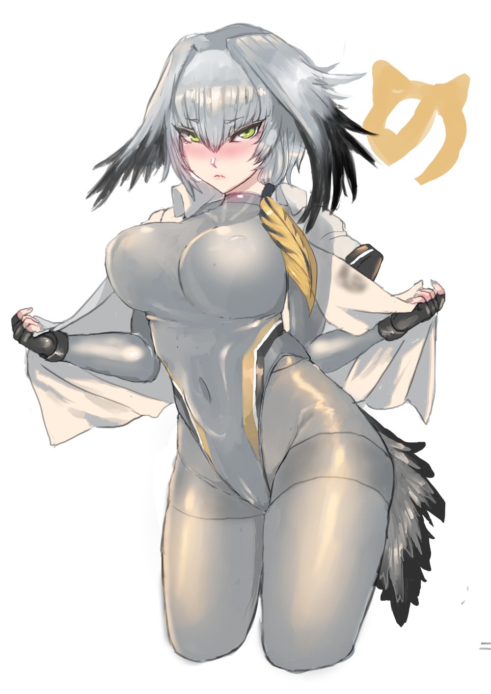 bird_tail black_gloves black_hair blush bodystocking breasts commentary_request competition_swimsuit covered_navel covered_nipples fingerless_gloves gloves green_eyes grey_legwear grey_swimsuit head_wings highres jacket_on_shoulders kemono_friends large_breasts long_hair looking_at_viewer low_ponytail multicolored_hair one-piece_swimsuit orange_hair pantyhose panzer shiny shiny_clothes shiny_hair shoebill_(kemono_friends) side_ponytail silver_hair simple_background solo standing swimsuit white_background