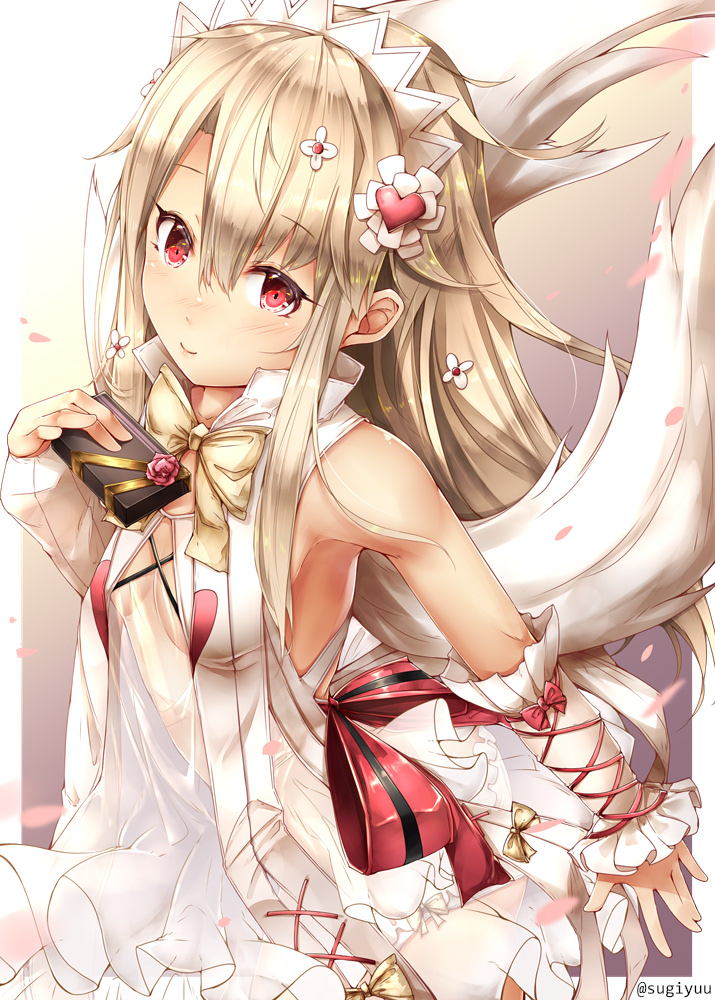 bare_shoulders blonde_hair blush bow bowtie box breasts choco_angel cleavage closed_mouth detached_sleeves dress eyebrows_visible_through_hair fate/kaleid_liner_prisma_illya fate_(series) flower frilled_sleeves frills gift gift_box gradient gradient_background hair_ornament hairband heart heart_hair_ornament holding holding_box illyasviel_von_einzbern leaning_forward long_hair looking_at_viewer mismatched_sleeves nose_blush petals red_eyes red_flower red_ribbon red_rose ribbon rose see-through shiny shiny_hair short_sleeves small_breasts smile solo sugiyuu twitter_username very_long_hair white_dress white_hairband wrist_ribbon yellow_bow yellow_neckwear