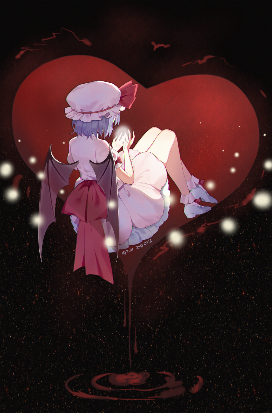 artist_name bat_wings bow commentary_request dated dripping from_behind full_body glowing hat hat_ribbon heart highres lavender_hair mob_cap perri_(mnemosine) petticoat pink_legwear pink_shirt pink_skirt red_bow red_ribbon remilia_scarlet ribbon shirt shoes short_sleeves skirt socks solo touhou white_footwear wings
